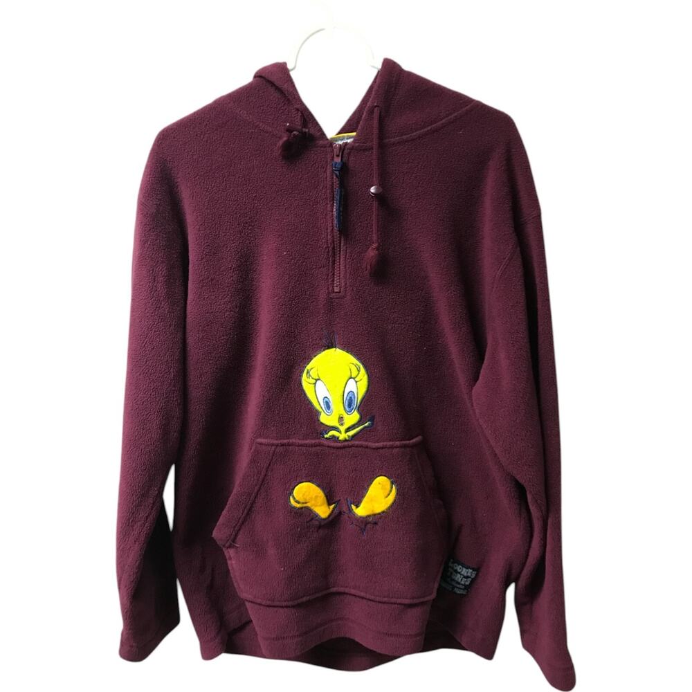 Looney Tunes Sweater Tweety Bird Womens Medium Fleece 1/4 Zip Pullover Vintage